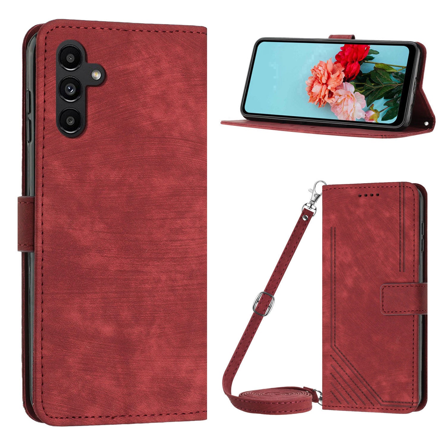 Leather Case for Samsung Galaxy S23 FE Lines Imprinted Stand Wallet Phone Cover with Shoulder Strap Leather Case for Samsung Galaxy S23 FE Lines Imprinted Stand Wallet Phone Cover with Shoulder Strap